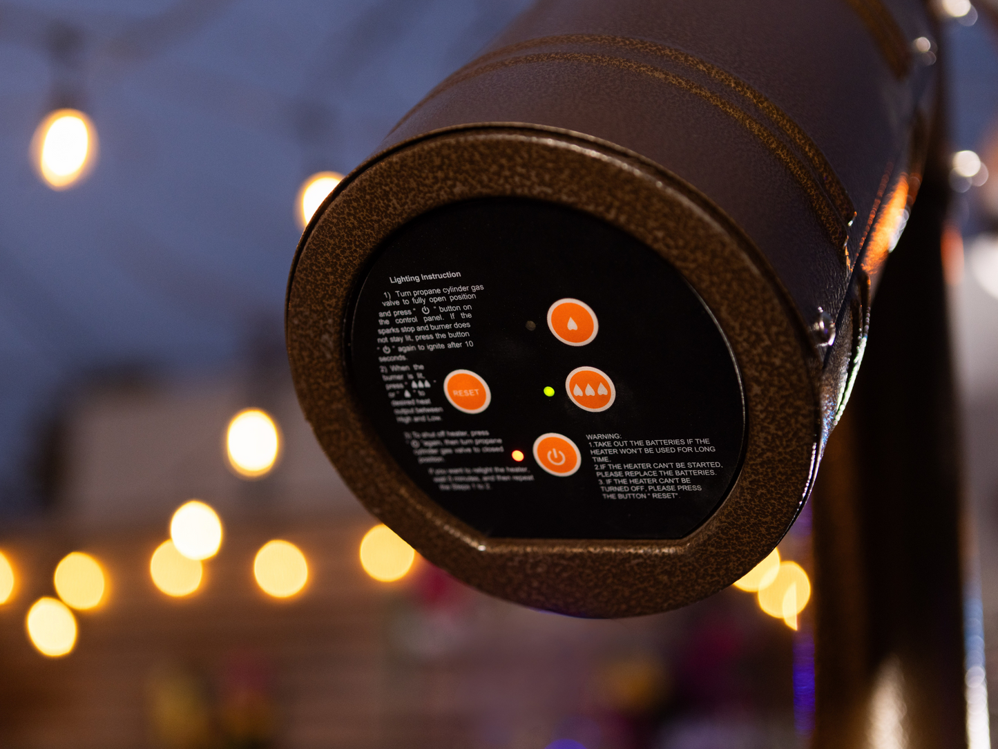 Close up of easy to use control panel for Arc Patio Heater