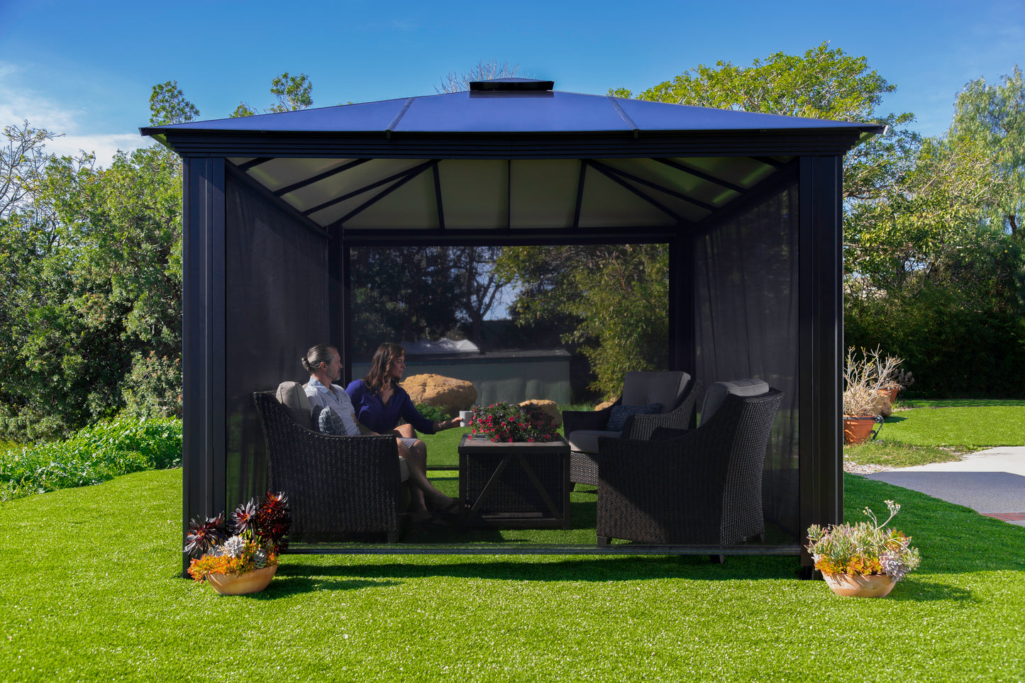 Santa Monica Hard Top Gazebo with Rolling Screens
