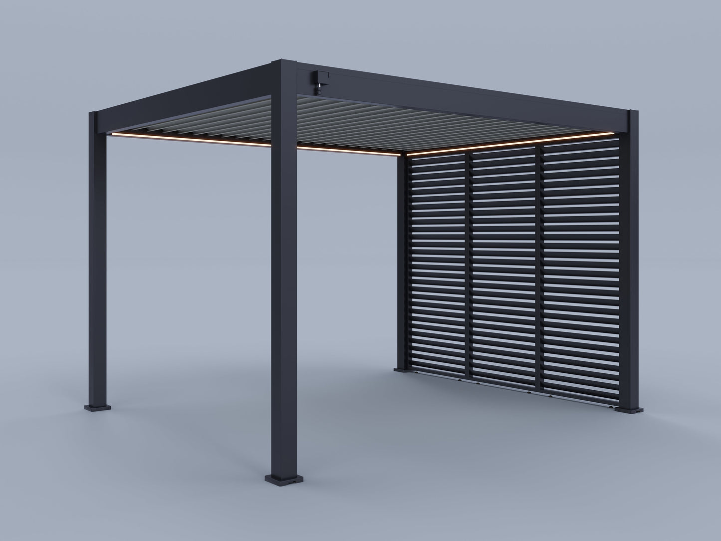 10'x12' Suprema Pergola, Light Gray Louver, Lighting with (3) 10' Fixed Horizontal Deco Panels