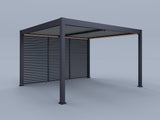 12'x14' Suprema Pergola, Light Gray Louver, Lighting with (3) 14' Fixed Horizontal Deco Panels
