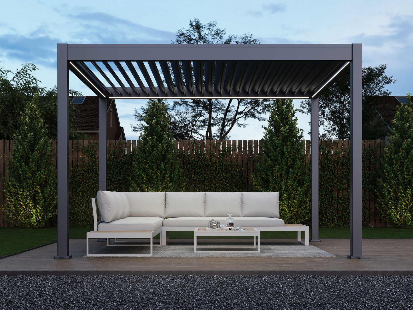 Suprema Louvered Pergola 10x12 with_Slate_Gray_Louvers_LED