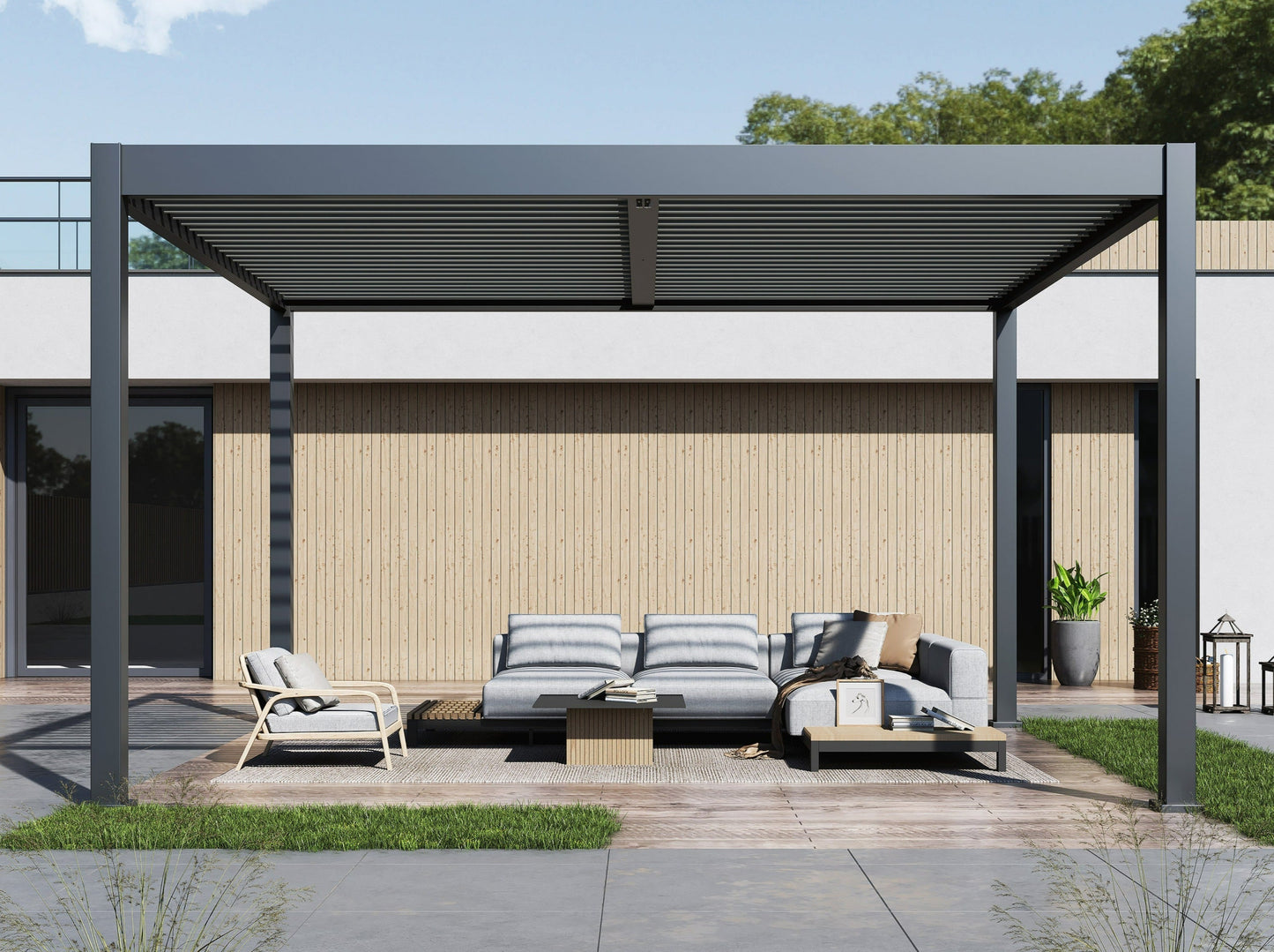 A contemporary Lugano louvered pergola made of aluminum, featuring a contemporary design with adjustable louvered roof, in a backyard setting with outdoor furniture below.