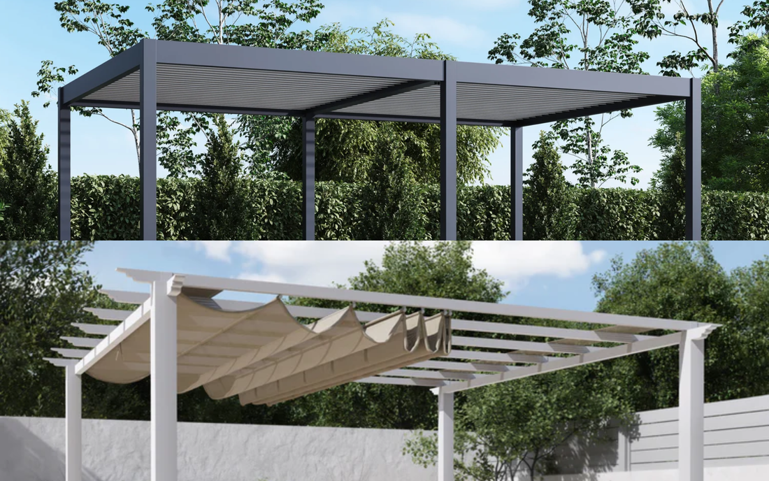 A side-by-side comparison of a louvered roof on a pergola versus a retractable one.