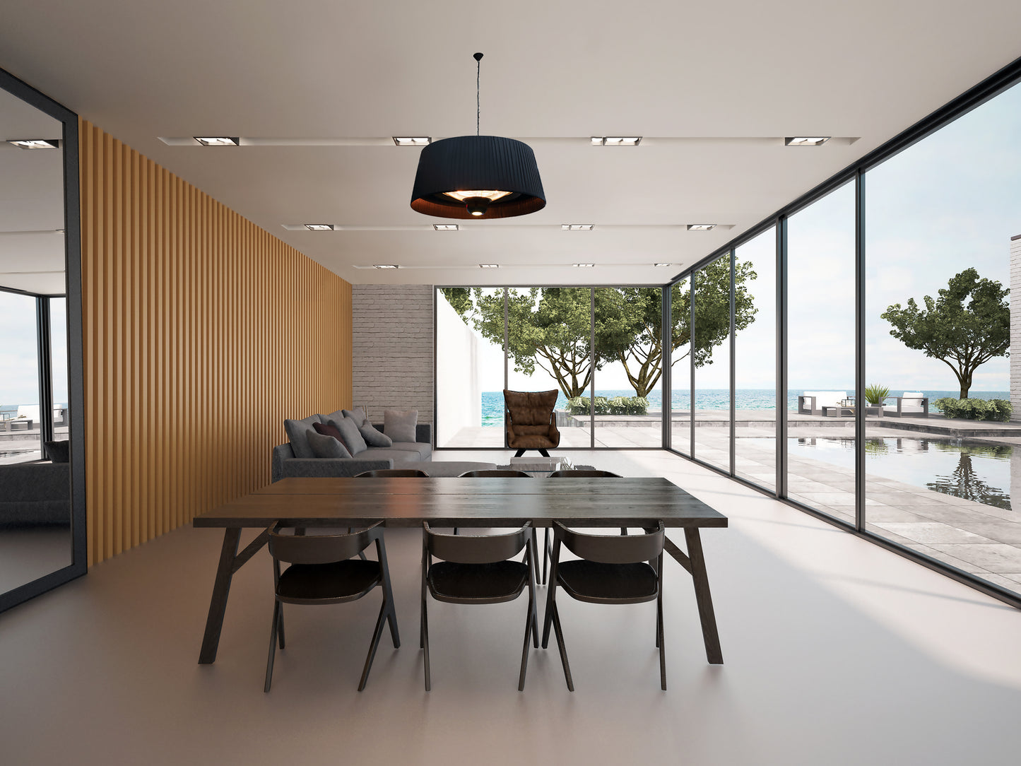 Glow Infrared pendent heat lamp hanging from ceiling over dining table