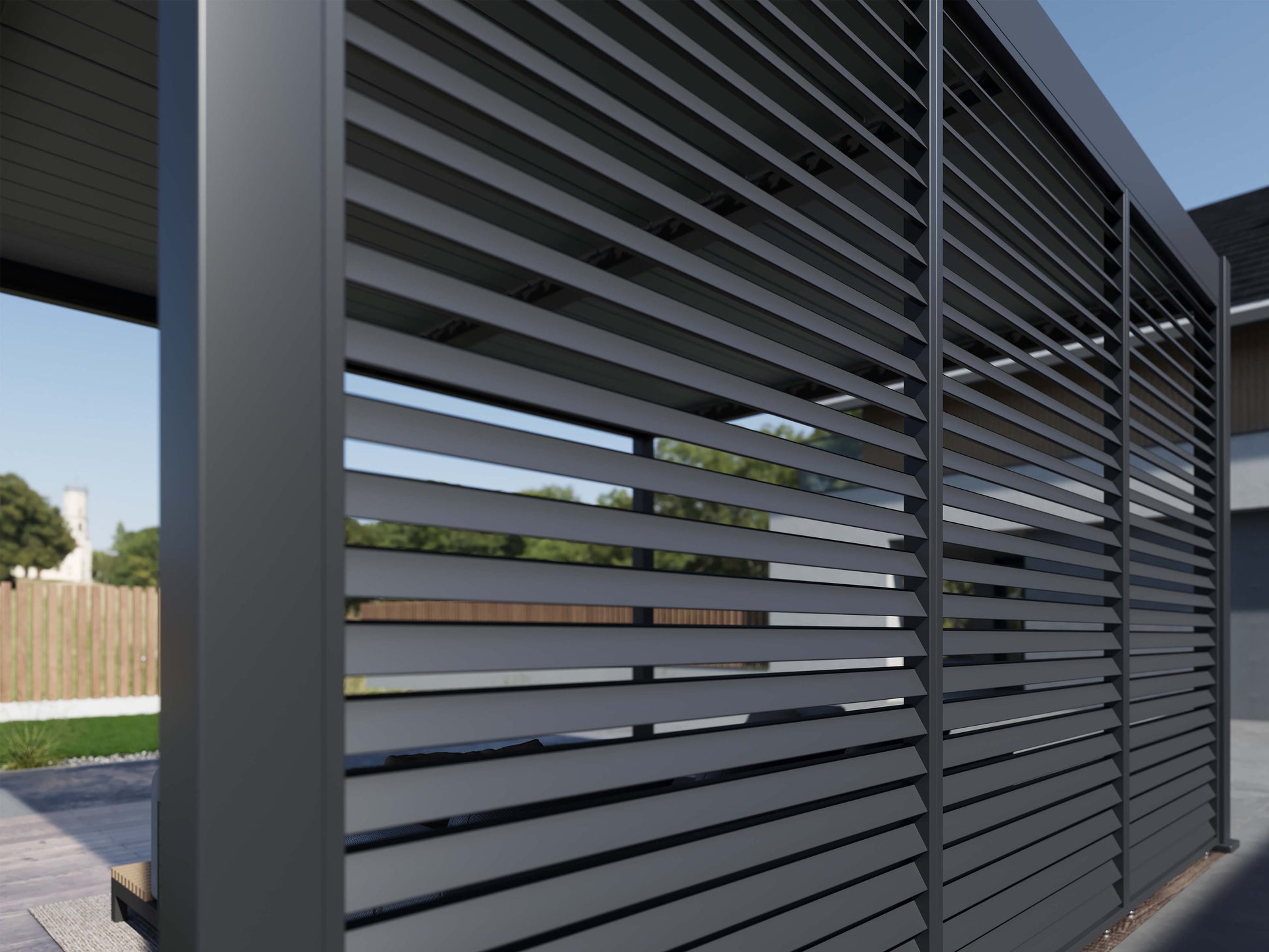 Close up of horizontal privacy panels for Lugano and Grand Tuscan Pergolas