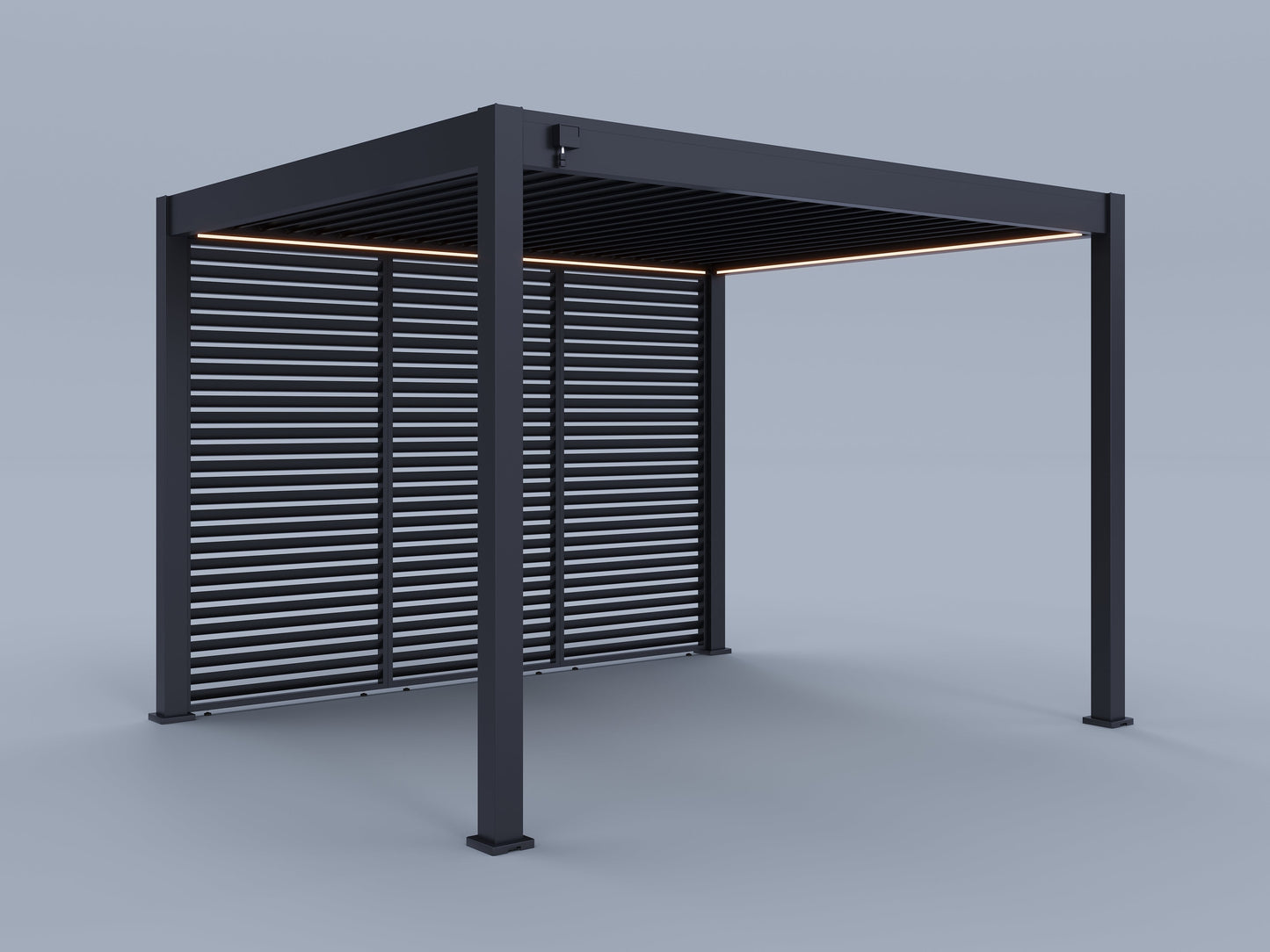10'x12' Suprema Pergola, Slate Gray, Lighting with (3) 12' Fixed Horizontal Deco Panels
