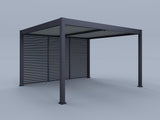 12'x14' Suprema Pergola, Light Gray Louver with (3) 14' Fixed Horizontal Deco Panels