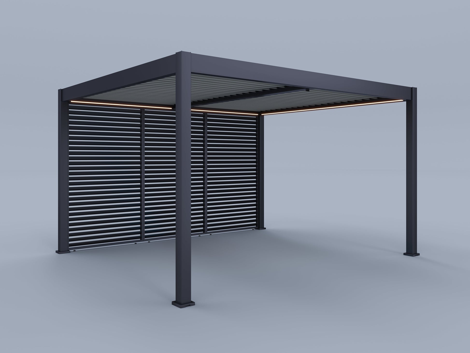 12'x14' Suprema Pergola, Light Gray Louver, Lighting with (3) 14' Fixed Horizontal Deco Panels