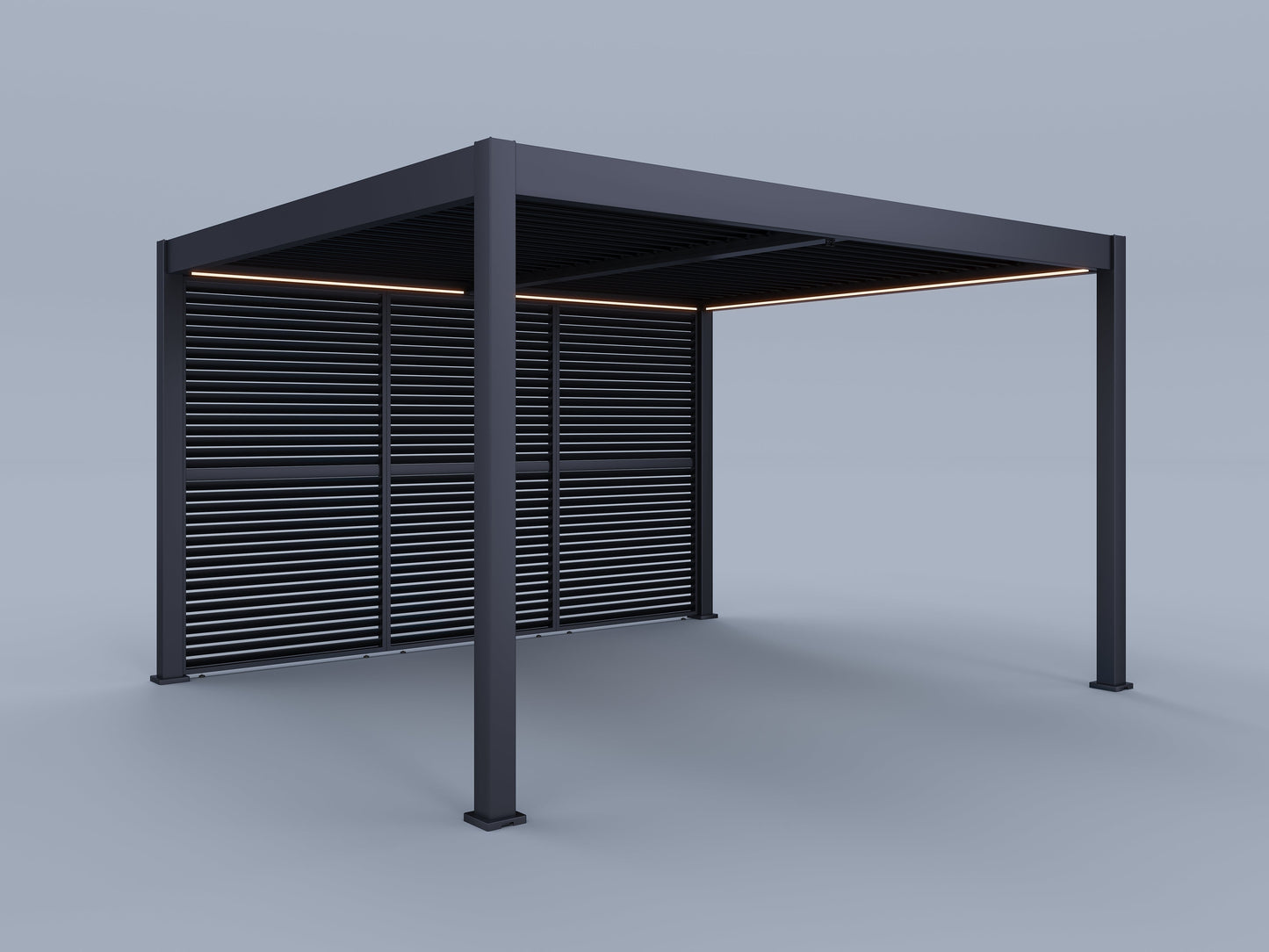 12'x14' Suprema Pergola, Slate Gray, Lighting with (3) 14' Fixed Horizontal Deco Panels