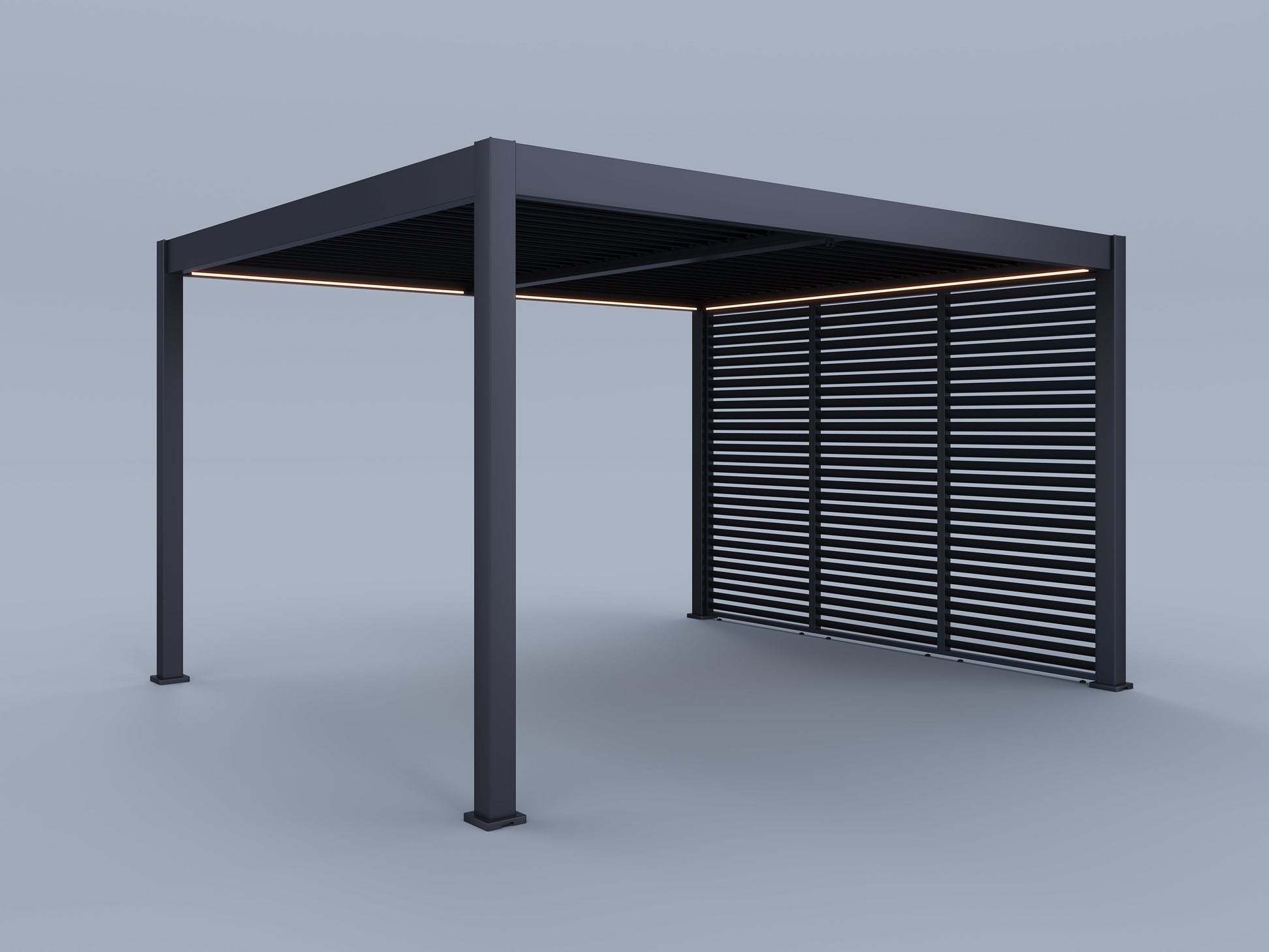 12'x14' Suprema Pergola, Slate Gray, Lighting with (3) 12' Fixed Horizontal Deco Panels