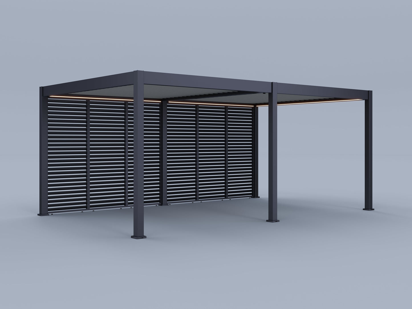 12'X20' Suprema Pergola, Light Gray Louver, Lighting with (6) 20' Fixed Horizontal Deco Panels