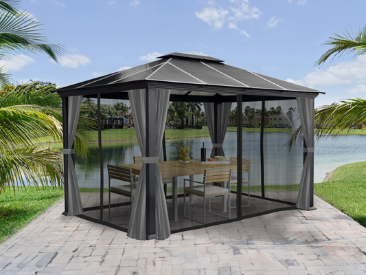 Santa Monica Hard Top Gazebo with Privacy Curtains and Mosquito Netting Accessory